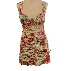 For Love & Lemons Floral Ruched Crop Top and Skirt Set - Mint Green & Red
